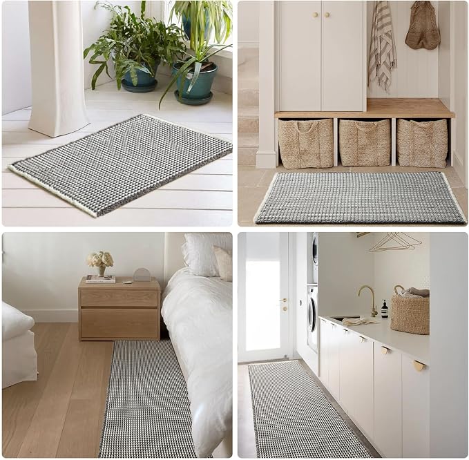 TYUU Waffle Bath Mat, Boho Bathroom Rugs Non Slip Washable Super Absorbent Quick Dry Bath Mat Farmhouse Bathroom Decor, 24"x16" Grey and White