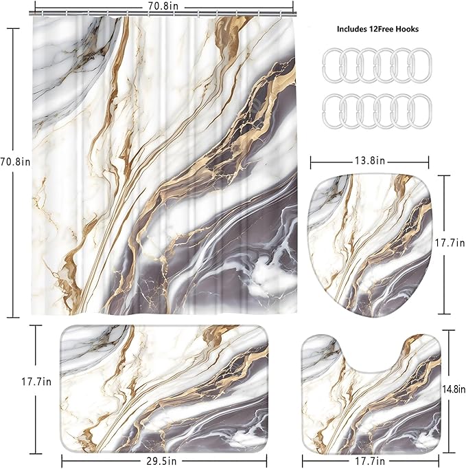 Nkzply 4 Pcs White Marble Shower Curtain Set Grey Bathroom Sets with Shower Curtain and Rugs Gold Modern Abstract Bathroom Decor Accessories Gray Bathroom Rugs Toilet Lid Cover with Hooks