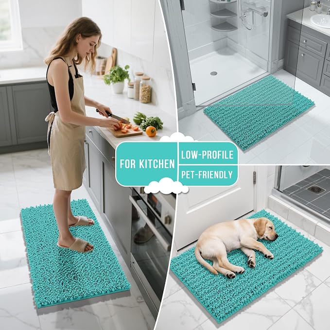 Yimobra Bathroom Rugs Non Slip Washable 32x20 Inch - Ultra Soft Absorbent Chenille Bath Mat, Quick Dry Shaggy Floor Carpet for Tub Shower, Lake Blue Home Decor Accessories