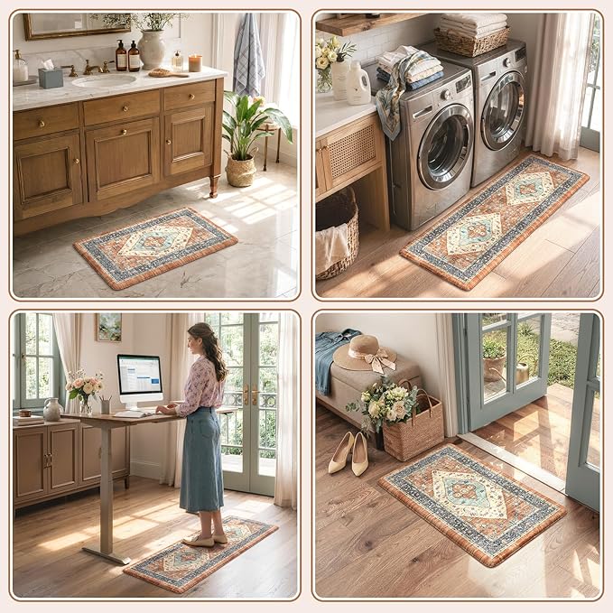 KIMODE Anti Fatigue Kitchen Mat for Floor, Boho Orange Kitchen Rugs Sets of 2, Cushioned Kitchen Floor Mats, Fall Kitchen Rugs Non Slip for Halloween Sink Laundry Desk Home 17"x47"+17"x29"