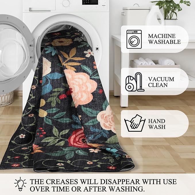 DUKINO 2x8 Runner Rug for Hallway, Washable Kitchen Runner Rug with Rubber Backing Non Slip, Low Pile Soft Boho Floral Thin Carpet for Entryway, Hallway, Bathroom, Laundry Room, Black
