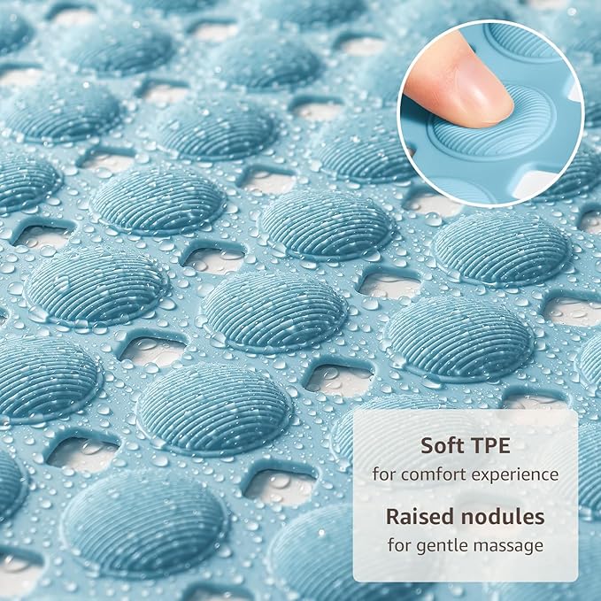 OTHWAY Bath Tub Shower Mat Non Slip, Bathtub Floor Liner Mats for Inside Shower Bathroom, Suction Cups and Drain Holes for Feet Scrubbing, Machine Washable, Soft on Feet, 35x16 Inch, Blue