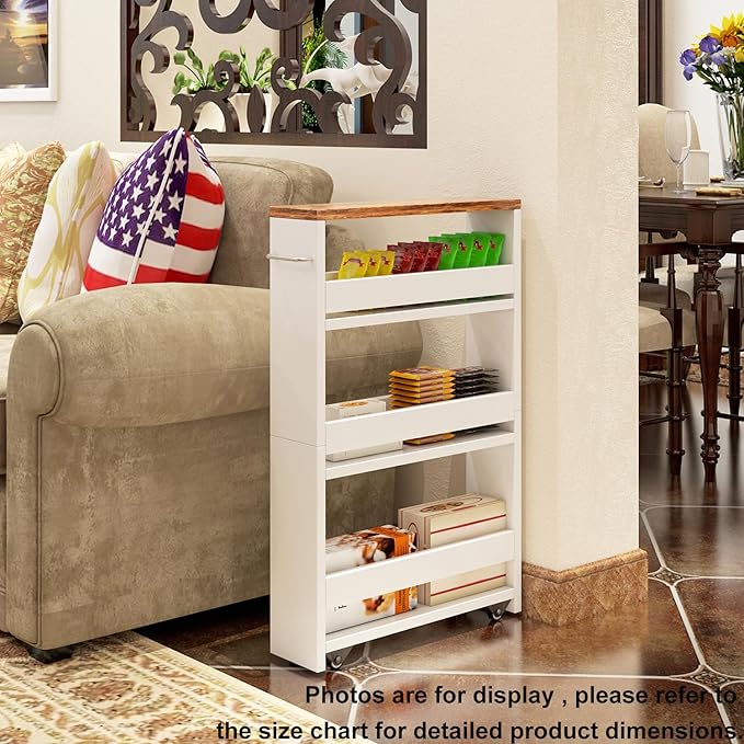 TEAMIX 4 Tier White Slim Storage Cart with Handle, Slide Out Storage Rolling Utility Cart Mobile Shelving Unit Organizer Trolley for Small Spaces Kitchen Laundry Narrow Places
