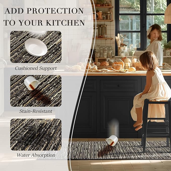 Kitchen Rugs Sets of 2-Non Slip Kitchen Mats for Floor-Thick Stain Resistant Vintage Kitchen Floor Mat Runner Carpet for Hallways Entryway Laundry Room Washable（Black 24"x70"+20"x47"）