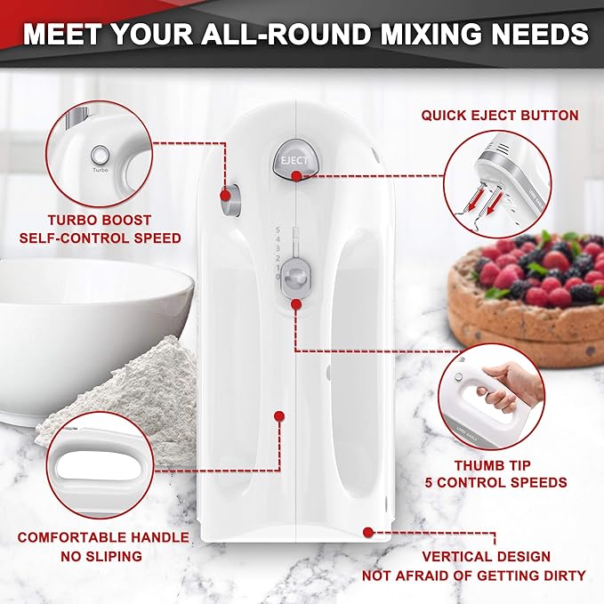 Lord Eagle Hand Mixer Electric Handheld 400W, 5-Speed Lightweight Kitchen Mixer with Stain-resistant & Waterproof Storage Bag, 5 Stainless Steel Attachments for Baking Cake Egg Cream Food Beater