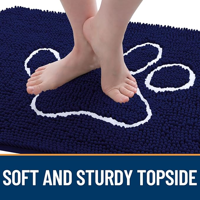 OLANLY Dog Door Mat for Muddy Paws 54x24, Paw Print Design, Absorbs Moisture and Dirt, Absorbent Non-Slip Washable Doormat, Quick Dry Chenille Mud Mat for Dogs, Entry Indoor Entryway Carpet, Navy Blue