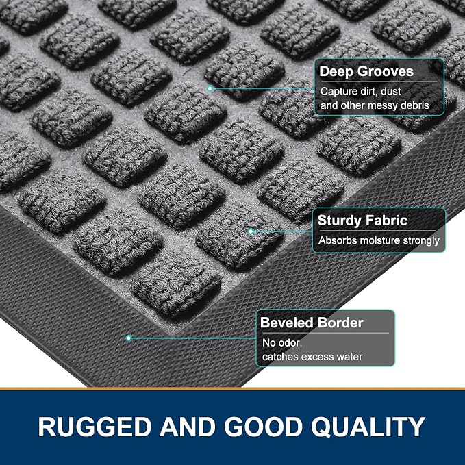 Smiry Front Door Mat Outside Entrance, Heavy Duty Natural Rubber Doormat, Non Slip, Trap Dirt and Moisture, Easy Clean, Low Profile Welcome Floor Mats for Indoor Outdoor Entry, 59x34 Inch, Mix Grey