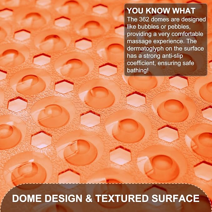 TEESHLY Bath Tub Shower Mat, Non Slip Bathtub Floor Liner Mats with Suction Cups and Drain Holes, Machine Washable Bathmat for Bathroom Floor Safety, 40 x 16 Inch, Clear Orange