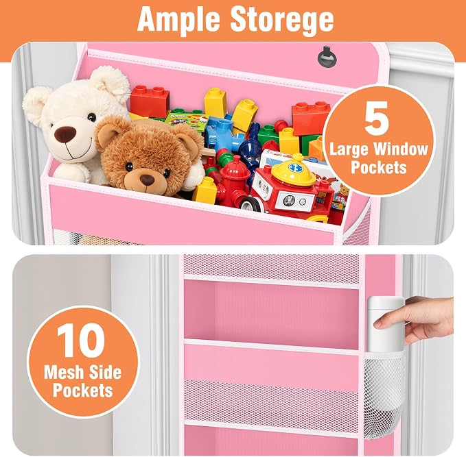 WISELIFE Over The Door Organizer - 5 Shelves Large Capacity Hanging Bedroom Storage Solution with Side Pockets for Dorm Bathroom Pantry Nursery and Baby Essentials Holds up to 40 Lbs (Pink)