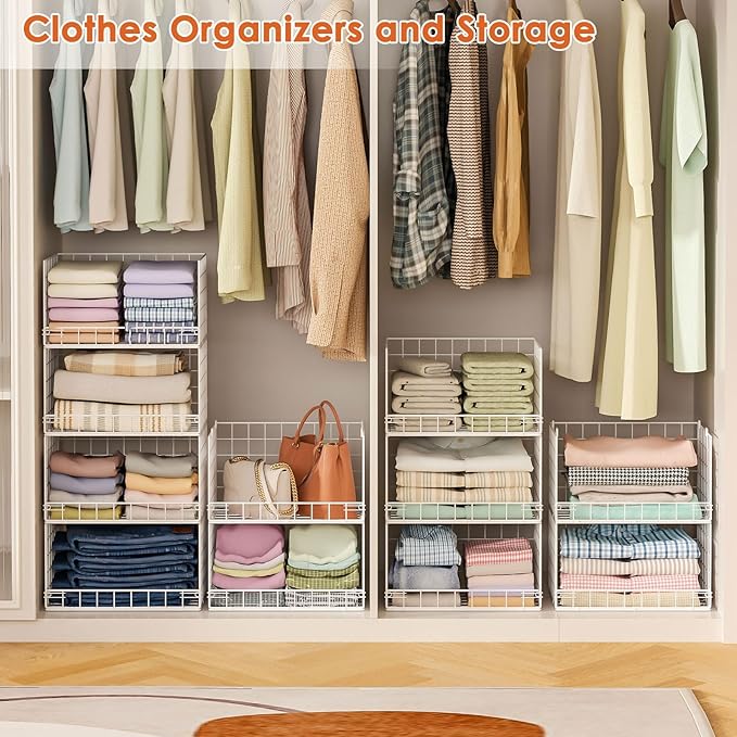 Yociyoga 8-Tier Stackable Closet Organizers and Storage Shelves, Foldable Closet Shelf Organizer, Stackable Storage Bins Drawers for Closet Organizer System, White(Patent No. 30022416)