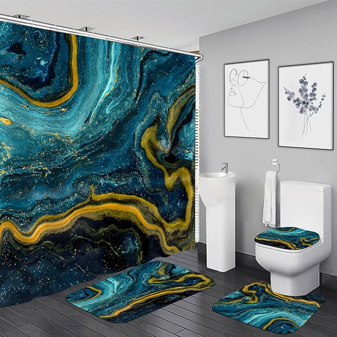 Nkzply 4 Pcs Teal Blue Marble Shower Curtain Set Turquoise Bathroom Sets with Shower Curtain and Rugs Gold Modern Abstract Bathroom Decor Accessories Bathroom Rugs Toilet Lid Cover with Hooks