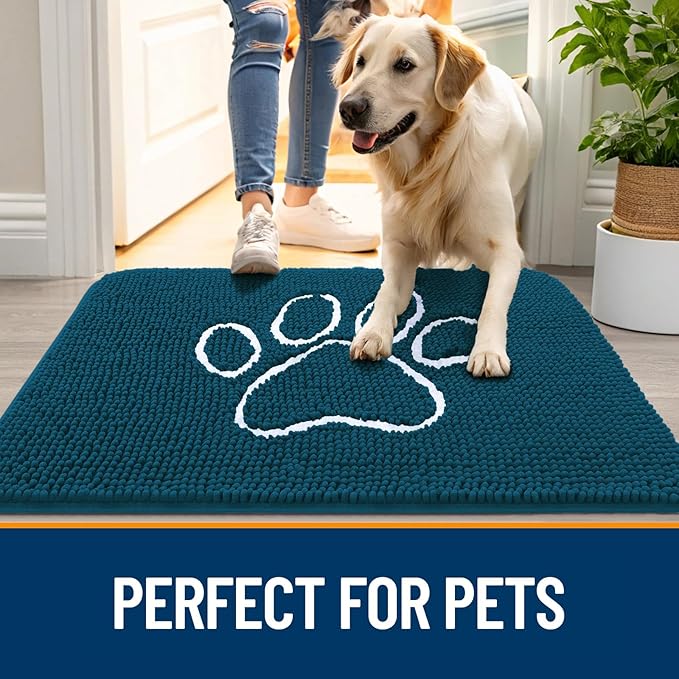 OLANLY Dog Door Mat for Muddy Paws 47x24, Paw Print Design, Absorbs Moisture and Dirt, Absorbent Non-Slip Washable Doormat, Quick Dry Chenille Mud Mat, Entry Indoor Entryway Carpet, Atlantic Blue