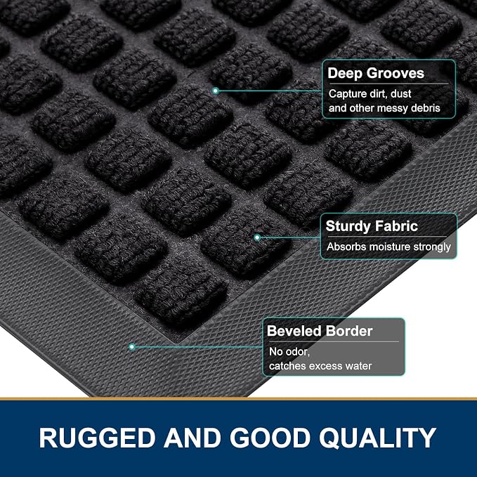 Smiry Front Door Mat Outside Entrance, Heavy Duty Natural Rubber Doormat, Non Slip, Trap Dirt and Moisture, Easy Clean, Low Profile Welcome Floor Mats for Indoor Outdoor Entry, 35x23 Inch, Black