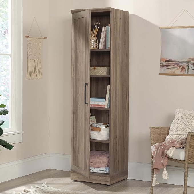 Sauder HomePlus Kitchen Pantry Storage Cabinet Slim Single Door with Adjustable Shelves, Living Room Storage Cabinet, in Salt Oak