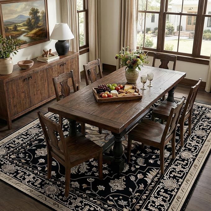 RELEANY Area Rugs 8'x10' Washable Non-Slip, Floral Vintage Distress Medallion Carpet for Living Room Bedroom Dining Room, Black Brown Neutral Dark Tan