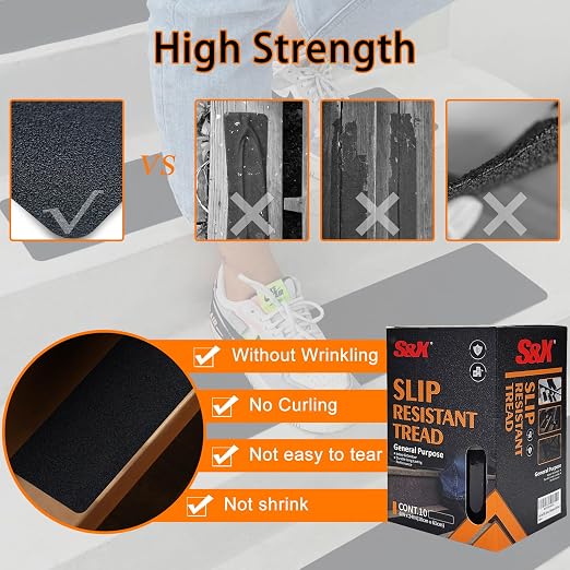 S&X Anti Slip Tape and Treads 6" x 24" 10-Pack Black Heavy Duty Non-Slip Strips for Outdoor Steps Stairs Decks Boats - High Grip, Waterproof, Oil-Proof