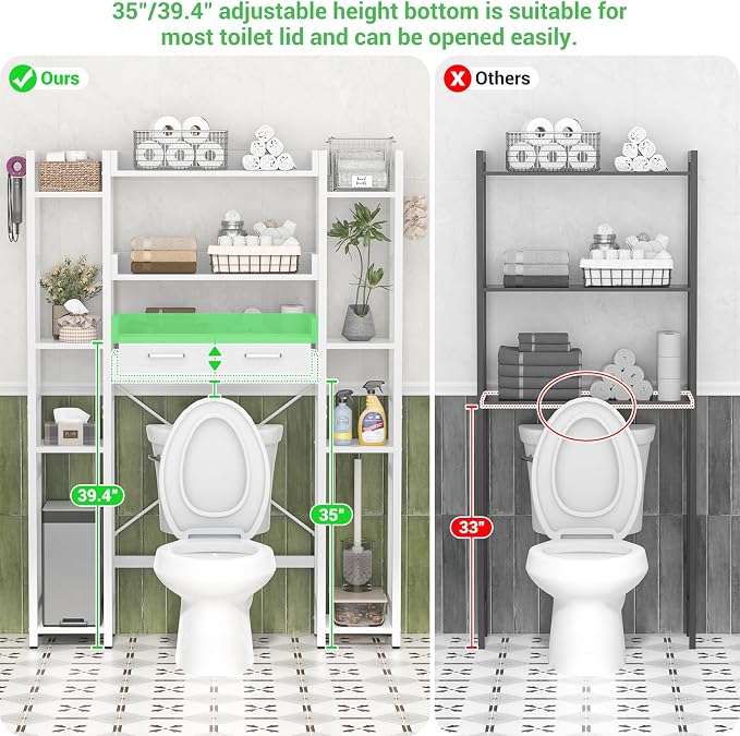 Besiost Over The Toilet Storage, 11 Tier Bathroom Organizer with Dual Side Racks and 2 Fabric Drawers, Adjustable Freestanding Rack Space Saver for Small Spaces, White