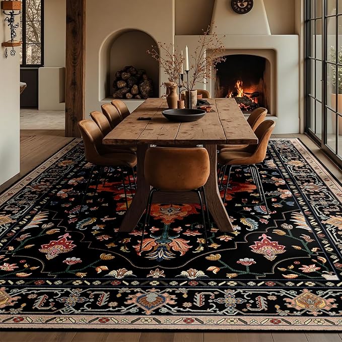 RELEANY Area Rugs Large 10'x12' Washable Non-Slip, Floral Vintage Distress Medallion Carpet for Living Room Bedroom Dining Room, Black Colorful Floral Dark Tan
