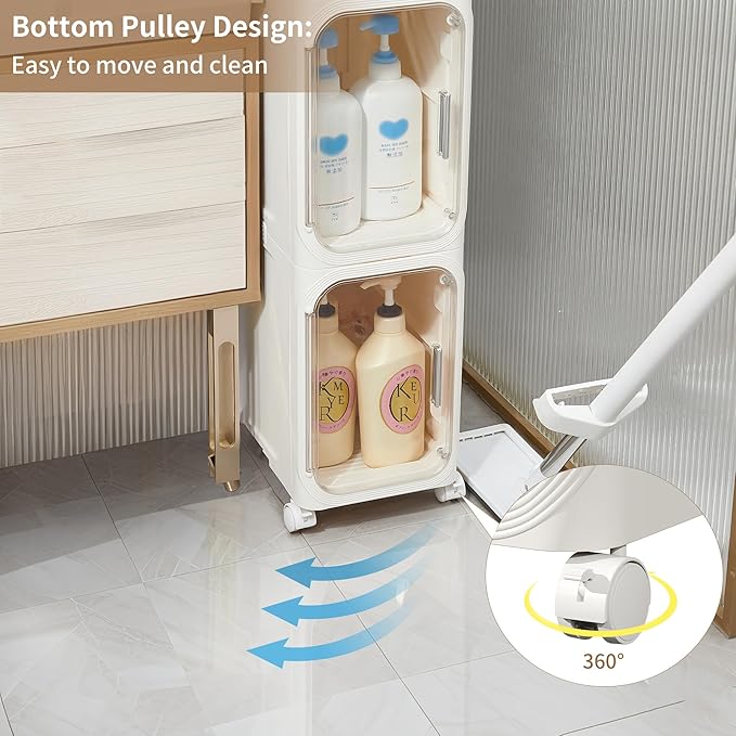 LXLXXL 4-Tier Narrow Storage Cabinet Slim Bathroom Storage Cabinet with Movable Wheels Tall Bathroom Organizer Skinny Cabinet for Small Spaces，Beige