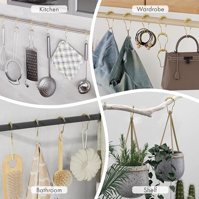 Gold Shower Curtain Hooks, Amazer Shower Curtain Rings Hooks, 12 Pcs Stainless Steel Shower Hooks for Shower Curtain, Rust Proof Shower Curtain Hooks, Shower Hooks for Curtain Bathroom