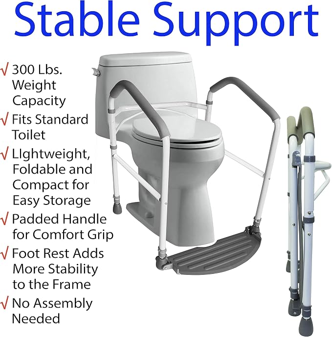 RMS Toilet Safety Frame & Rail - Folding & Portable Bathroom Toilet Safety Rails - Handrail Toilet Bars with Adjustable Height (White)