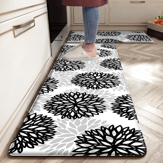 Kitchen Mats Set of 2 Cushioned Anti Fatigue Kitchen Rugs Non Slip Waterproof Runner Memory Foam Kitchen Floor Mat Comfort Standing Mat for Sink, Office, Laundry, Black Gray