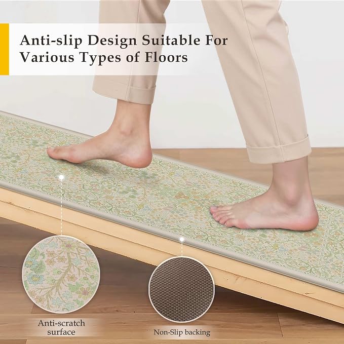 Kitchen Mats for Floor Thick Anti Fatigue Waterproof Vintage Spring Floral Kitchen Rugs 2PCS Cushioned Non Slip Green Comfort Standing Mats for Sink Laundry Office 17.3"×47"+17.3"×30"