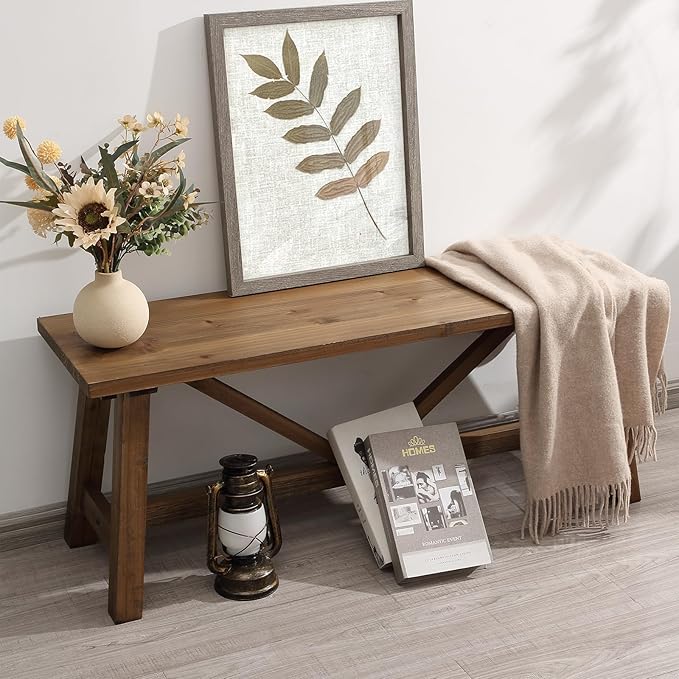 Wnutrees 43" Farmhouse Solid Wood Bench, Narrow Long Seat for Entryway Living Room Dining Area, Natural