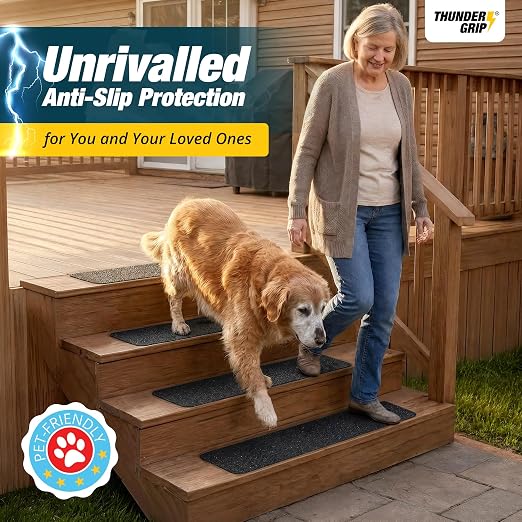 Thunder Grip Outdoor Stair Treads Non Slip 30" x 8" - 12-Pack Weather Resistant Exterior Grip Tape for Wooden Steps - Anti Skid Strips - Waterproof 80-Grit Adhesive Treads