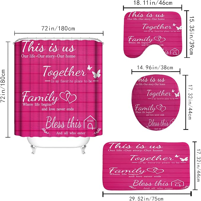 4Pcs Family Shower Curtain Sets with Non-Slip Rugs, Toilet Lid Cover and Bath Mat, Pink Home Bathroom Decor Set Accessories Waterproof Shower Curtains with 12 Hooks, 72 x 72 Inch