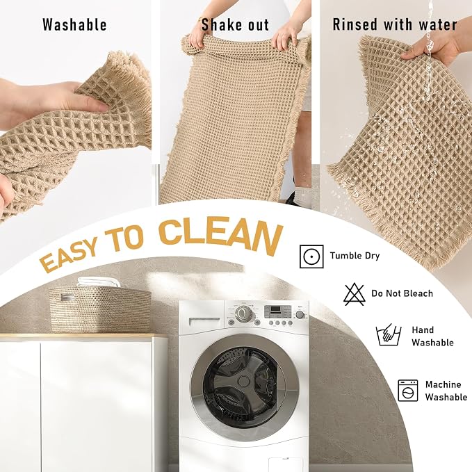 JIUZHEN Set of 2 Waffle Bath Mats Super Absorbent Boho Bath Rugs Non Slip Washable Bathroom Rugs Ultra Soft Machine Washable Shower Mats for Bathroom Floor, Tub, 16" x 24" +24" x 36", Brown