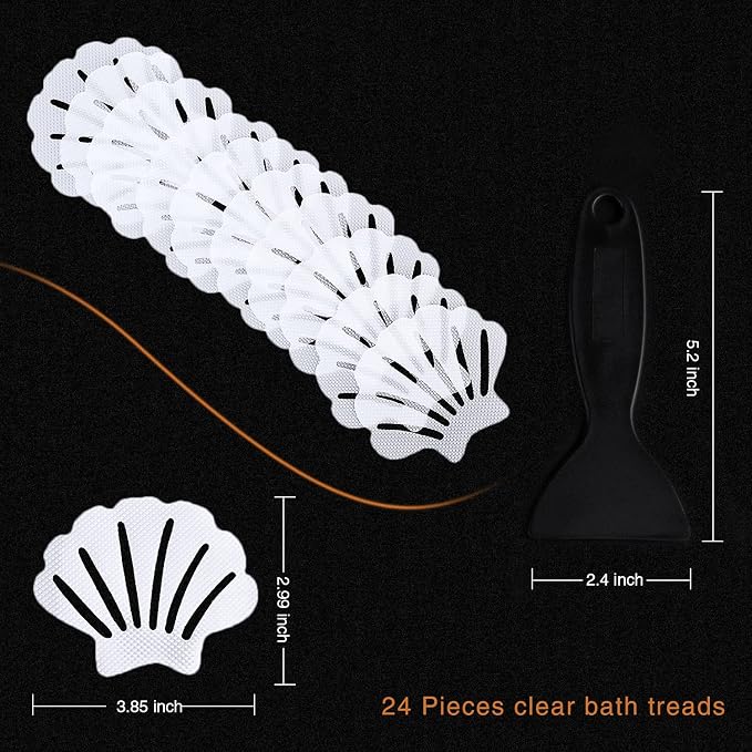 Secopad Non-Slip Bathtub Stickers, 24 PCS Shell Safety Bathroom Tubs Showers Treads Adhesive Decals Scraper (White)