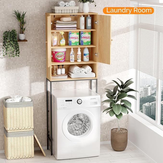 VINGLI Over The Toilet Storage Cabinet, Rattan Bathroom Organizer Behind Toilet,Above Metal Stand Rack Tall Freestanding Wood Cabinet with Wicker Doors,Adjustable Shelf for Bathroom,Restroom,Bohemian