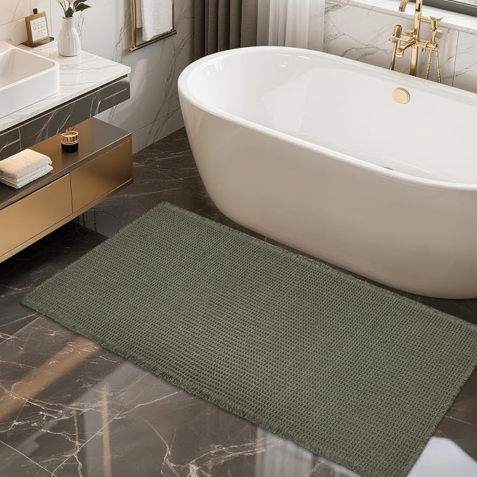 ZALL Waffle Bath Mat,Super Absorbent Non Slip Bathroom Rug,Dark Green 24x48inch,Machine Washable Ultra Soft Floor Mats