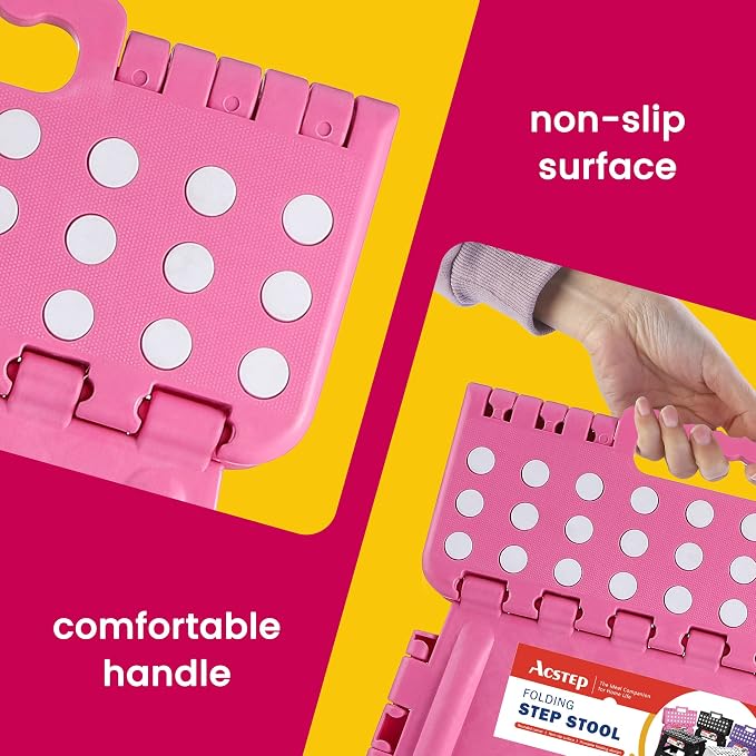 ACSTEP 9 Inch Folding Step Stool - The Lightweight Step Stool is Sturdy and Safe Enough. Opens Easy with One Flip. Great for Kitchen, Bathroom, Bedroom Pink