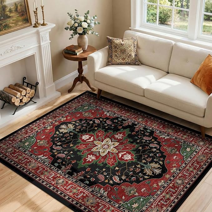 RELEANY Area Rugs 4'x6' Washable Non-Slip, Floral Vintage Distress Medallion Carpet for Living Room Bedroom Dining Room, Red Black
