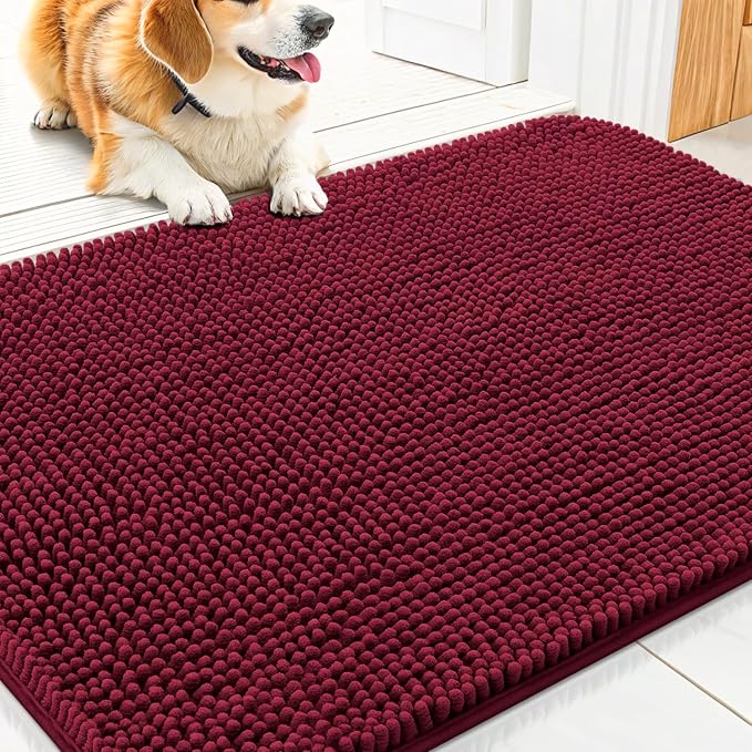 Smiry Dog Door Mat for Muddy Paws 30x20, Absorbent Dirt Trapper, Non-Slip Washable Chenille Entryway Rug for Inside Floor, Burgundy, Classic Solid