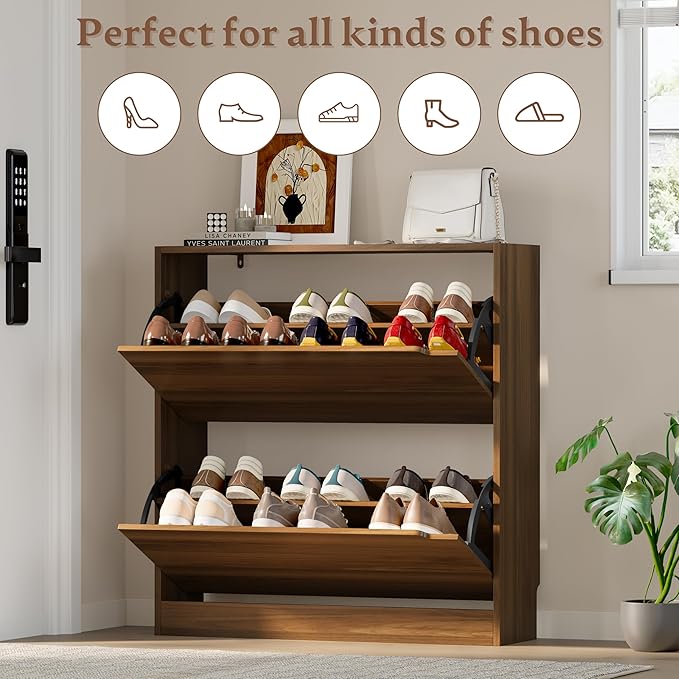 BORNOON Shoe Cabinet with 2 Flip Drawers, Slim Narrow Shoe Storage Cabinet, Freestanding Shoe Organizer with Adjustable & Removable Shelves, Top Display Shelf for Entryway, Hallway, Foyer, Closet