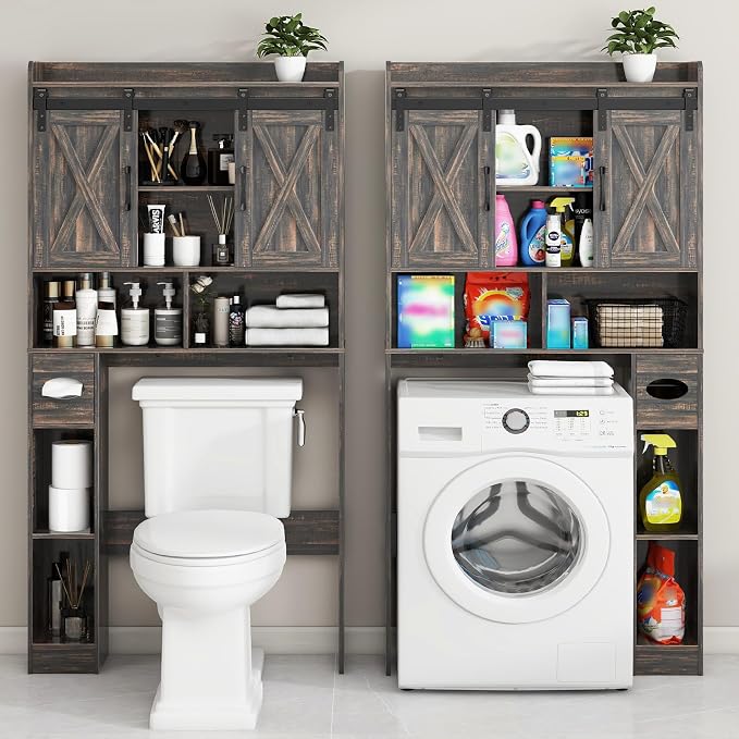 Vabches Over The Toilet Storage Cabinet, Farmhouse Storage Cabinet Over Toilet with Sliding Door& Toilet Paper Holder Stand，Home Space-Saving Toilet Rack, for Bathroom, Laundry and Restroom