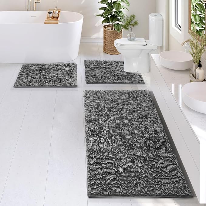 Hearth & Harbor Bathroom Rugs, Chenille Bath Mat - Machine Washable Bath Mats for Bathroom Non-Slip Backing Rubber, Quick Dry Mat - Grey Bath Rug, 17x24-26x44-20x24