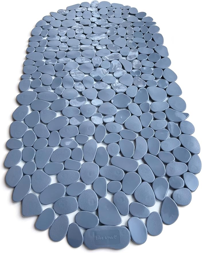 “Pebbles” Non-Slip Bathtub & Shower Mat 27”x14” Oval - Non-Toxic - Safe, Clean, Machine-Washable, Superior Grip & Drainage, Vinyl, for Smooth Floors ONLY, Opaque Gray