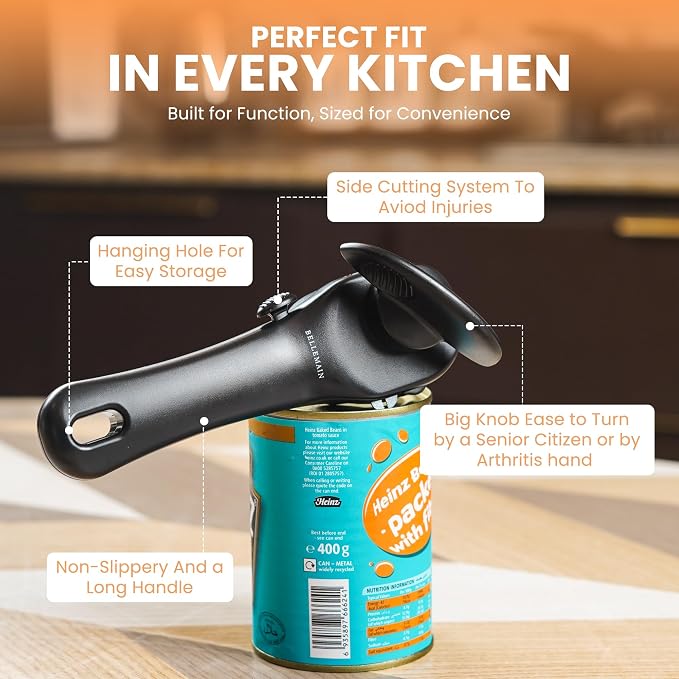 Bellemain- Safe Cut Stainless Steel Ergonomic Can Opener, Manual, Smooth Edge Perfect For Home Chefs and Restauraunts