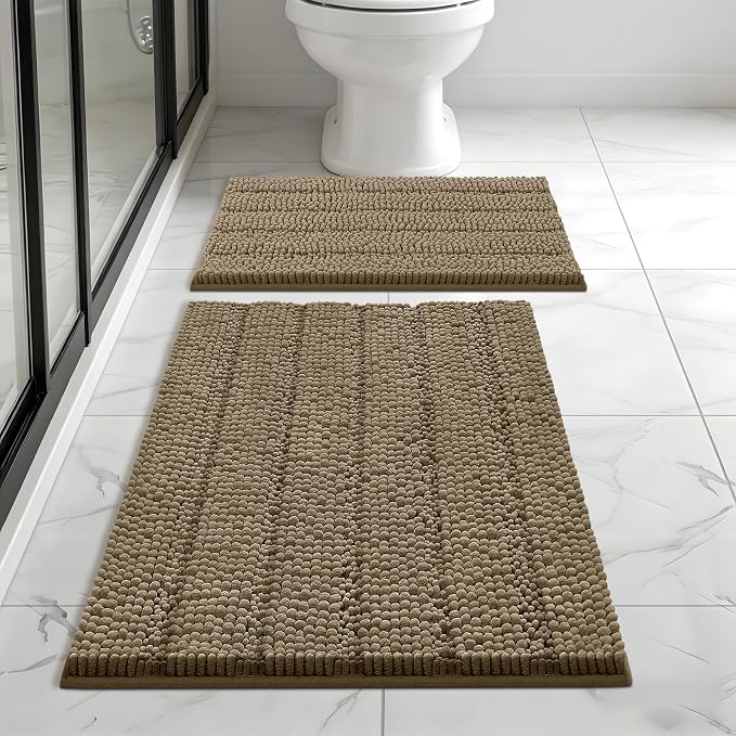 Bcoimo Bathroom Rug Set, Chenille Bath Mat Set with High Low Pile Design, Soft Absorbent Non Slip Bathroom Rugs, Machine Washable Quick Dry Mats for Shower, Tub, Sink and Vanity