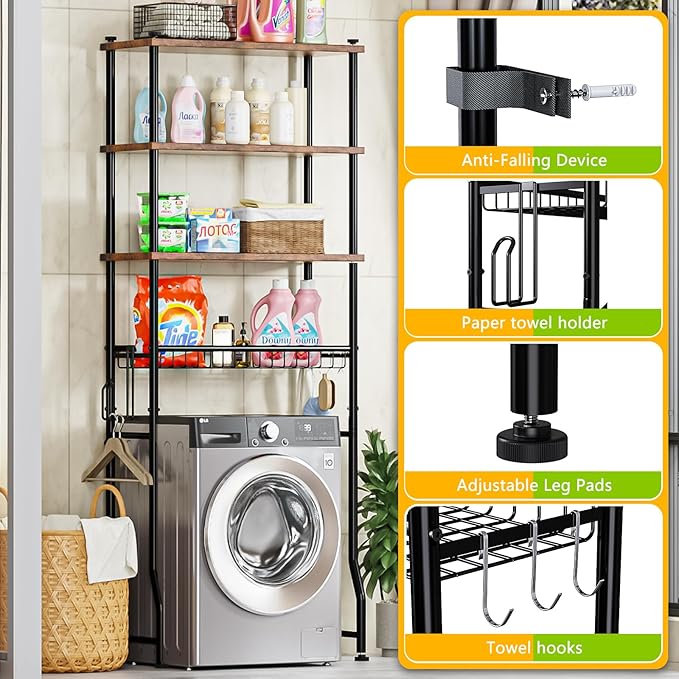 Over-The-Toilet Storage Shelf,4-Tier Bathroom Organizer Cabinet Rack And Storage Over Toilet With Shelf Waterproof Feet Pad And Basket,Multifunctional Space Saver Freestanding Bathroom Shelves（Brown）
