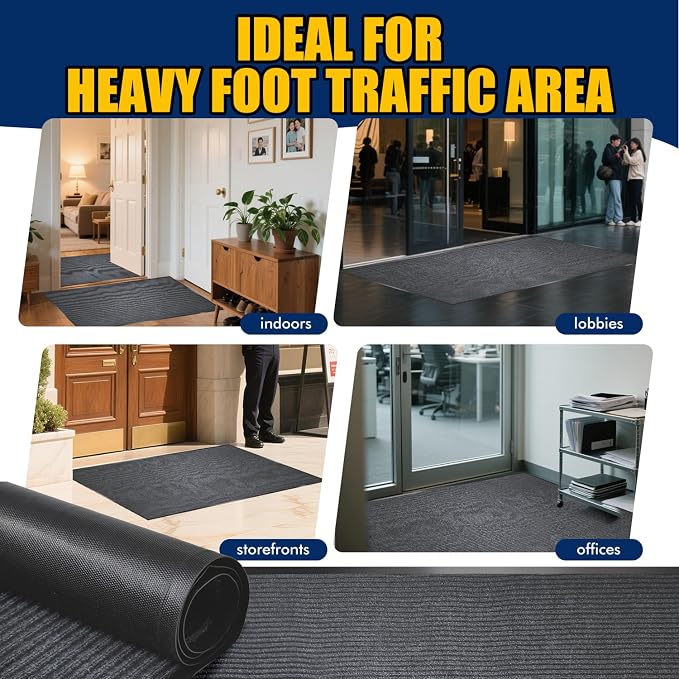 Extra Large Indoor/Outdoor Entrance Mat - 4 x 15 Feet, Rubber Border Door Mat Heavy Duty, Waterproof, Low-Profile, Easy to Clean, Rubber Entry Mat, Commercial Floor Mat, Charcoal Grey