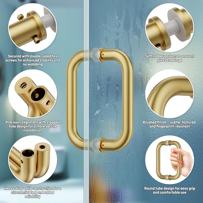 Ranbo Brass Gold 6" （CTC） Tubular Back-to-Back Shower Door Handle，3/4" Diameter Pull Handles with Metal Washers, for 1/4"- 3/4" Thick Glass and 1-3/8" - 2-1/6" Thick Wooden or Metal Doors