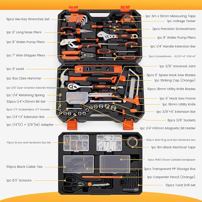 NEWBULIG 330-Piece Complete Tool Box Set, Durable Homeowners Tool Kit with Pull-Out Drawer, Versatile Home Repair Kit for Auto & Household, DIY Projects, Yellow