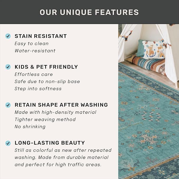 Hazo Haus Washable 3x16 Extra Long Hallway Runner Rug, Boho Aqua Blue Large Kitchen Floor Rug Indoor, Non-Slip Stain & Fade Resistant, Vintage Unique Teal Floral Décor