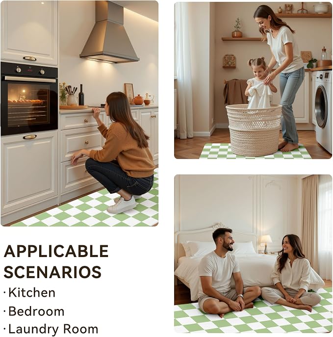 Fresh Green Checkered Grid Checkerboard Kitchen Rug Sets [2 PCs], Anti-Fatigue, Waterproof Non-Slip Kitchen Mats Heavy Duty Comfort Foam Rug for Kitchen, Floor, Laundry,17"x29"+17"x47"