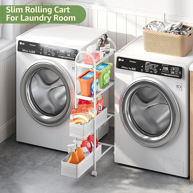 KINGRACK 4-Tier Slim Storage Cart with Pull Out Basket, Rolling Bathroom Organizer Utility, Metal Shelving Unit Slide Out, Lockable Wheels, Easy Assembly for Narrow Place, Kitchen, Laundry Room, White